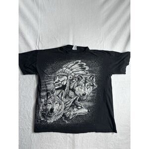 VTG Creditee AOP Native American Wolf Short Sleeve Shirt Black Men's‎ XL *
